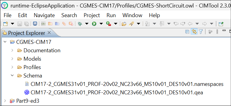 CIMTool Project Explorer showing .namespaces file alongside EA project file schema