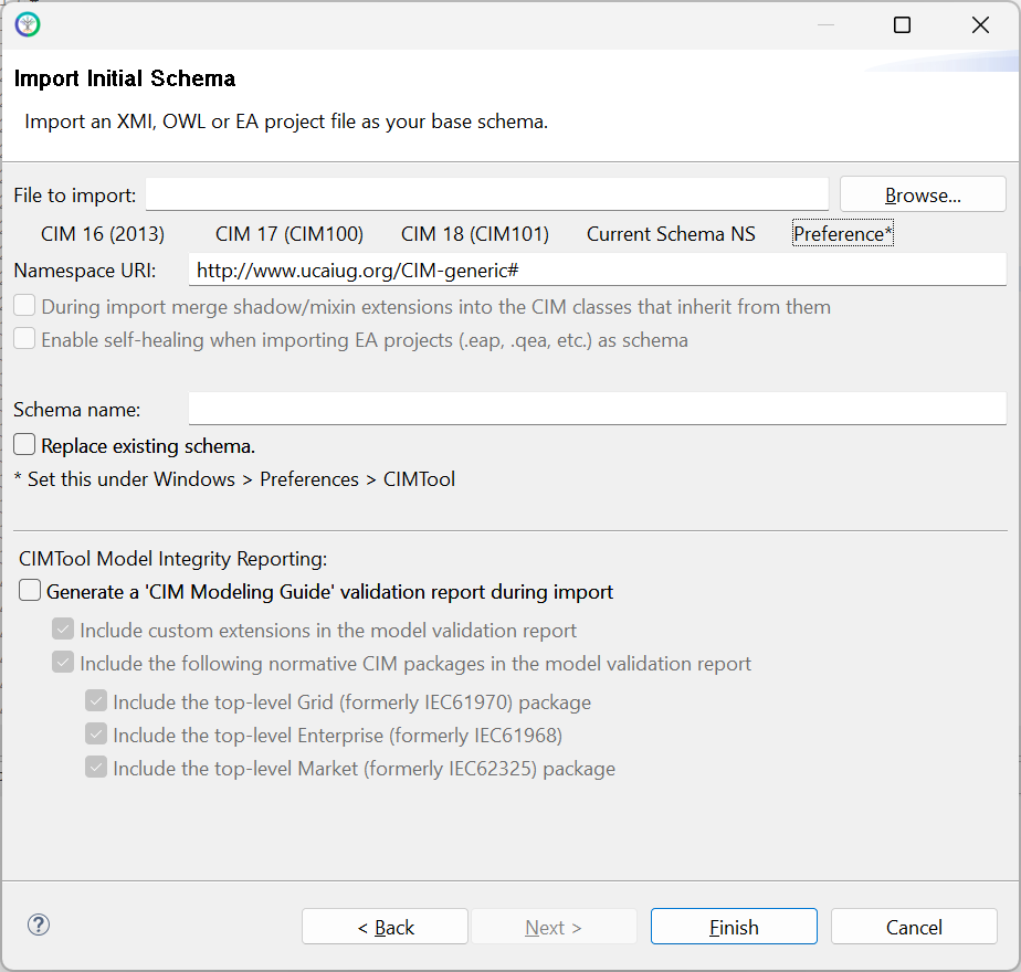Import Schema dialog showing the merge shadow class extensions checkbox