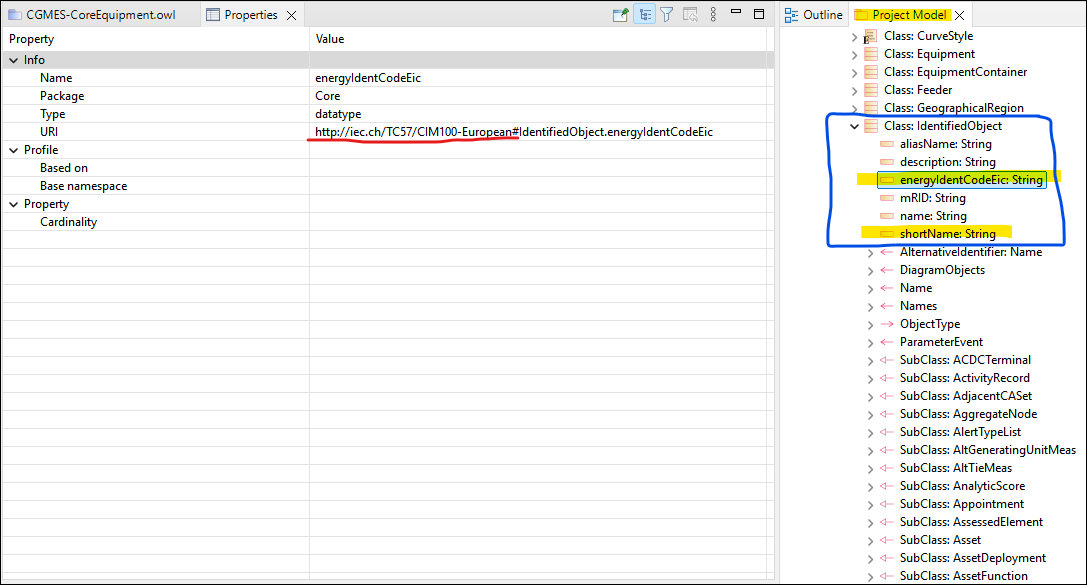 Project Model view showing shadow class attributes merged into IdentifiedObject