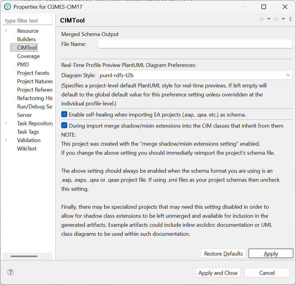 Project Properties dialog showing the merge shadow class extensions setting